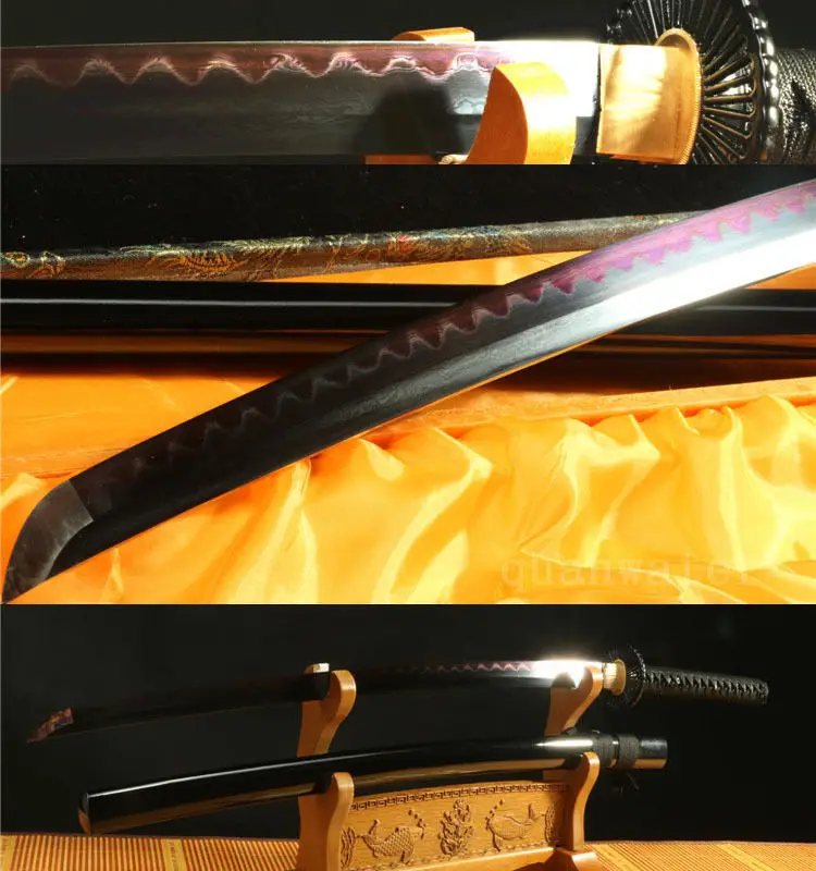 FOLDED STEEL CLAY TEMPERED BLACK RED BLADE JAPANESE SAMURAI SWORD KATANA