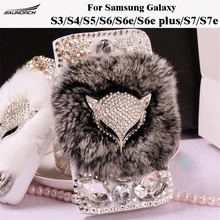 Кожаный флип чехол с кроличьим мехом защитный пушистый кристалл алмаза Bling Обложка сумка для Samsung Galaxy S3/4/5 /6/6E/6E PLSU/S7/S7e
