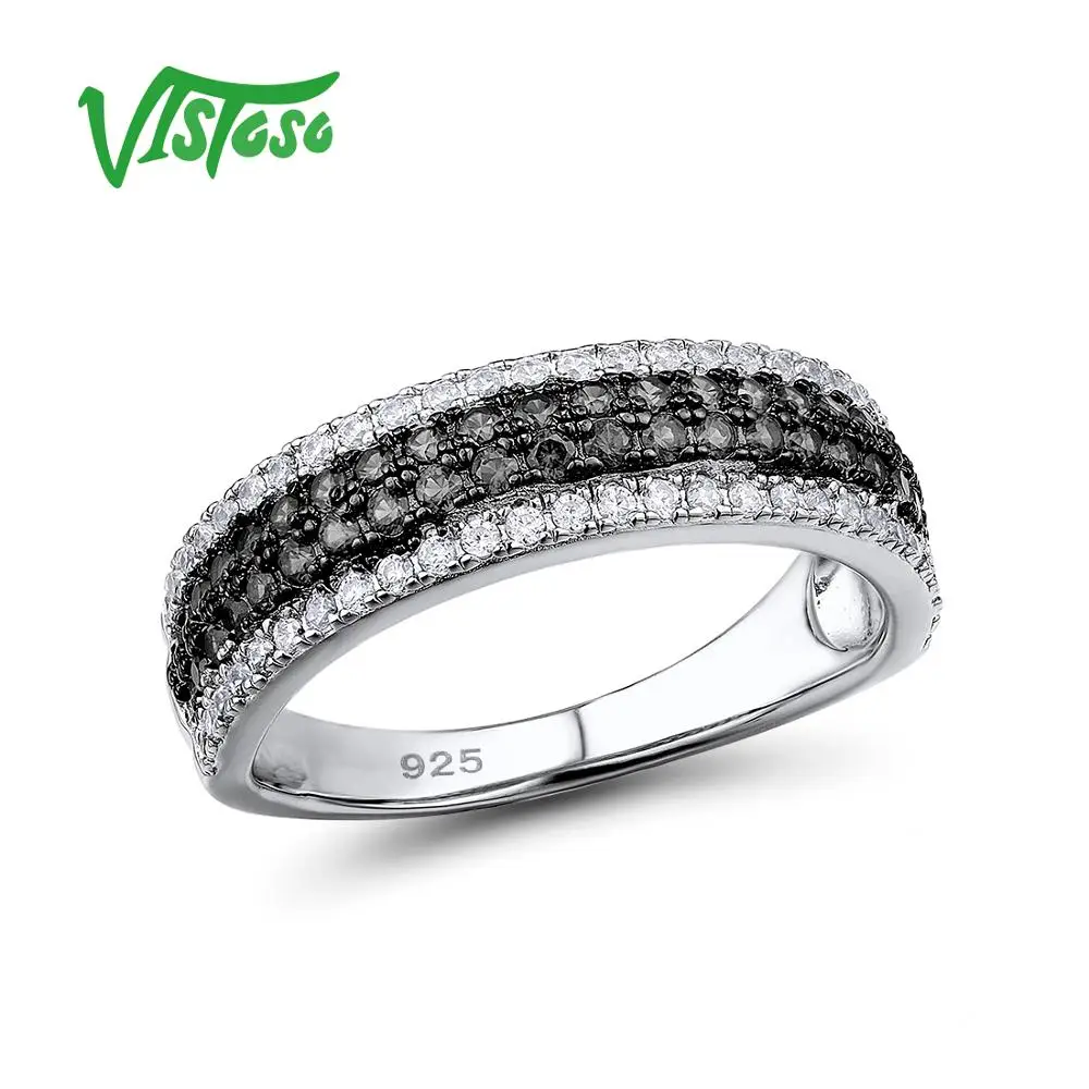 

VISTOSO 925 Sterling Silver Rings For Women Natural Stone Black Spinel Round Cubic Zirconia Fine Jewelry Rings For Women Ring