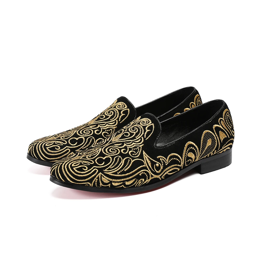 

2018 Gold Flower Pattern Embroidered Men Casual Shoes Brand Designer Handmade Shoes Man Low Heel Party Wedding Derss Shoes Male