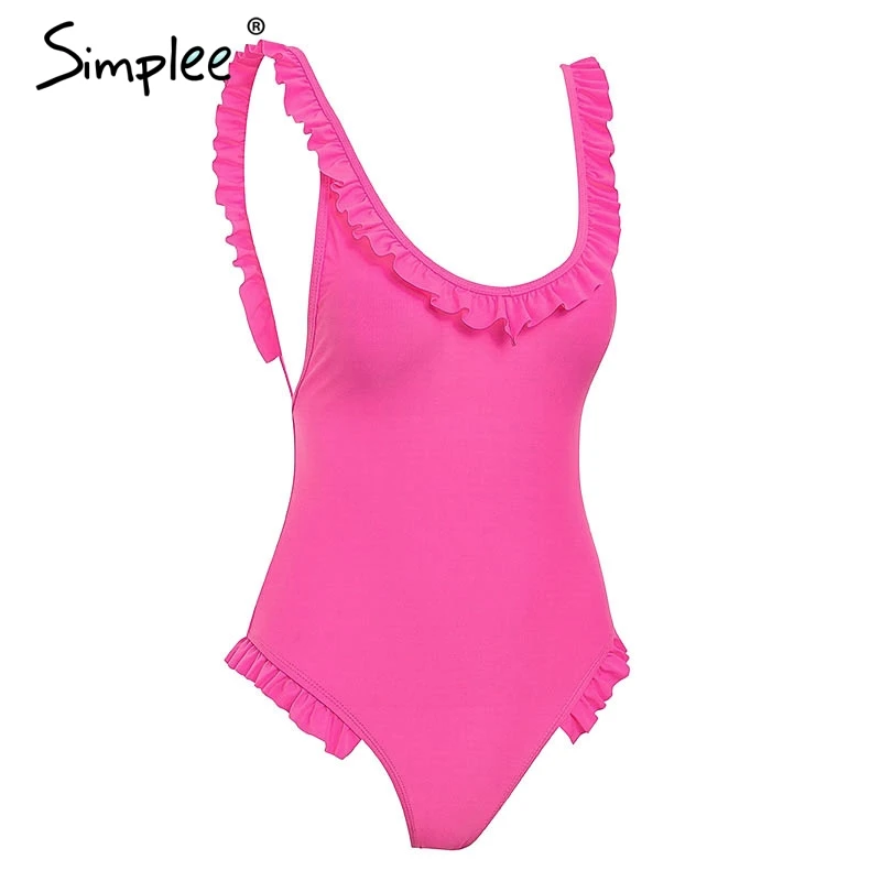 Сексуальный розовый купальник с оборками Simplee, слитный женский купальник со шнуровкой, эффектом пуш-ап и мягкими подушечками, для лета