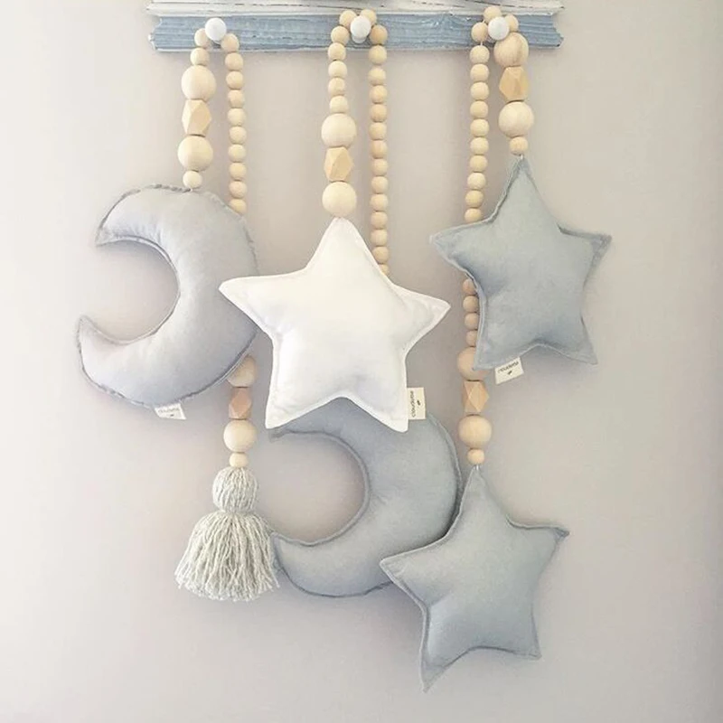 Star Moon Pendant with Wood Bead for Kids Baby Nursery Room Hanging Decor 2# 