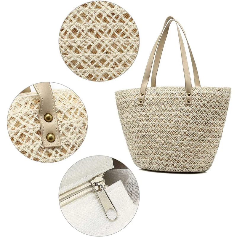 

ABDB-Straw Tote Handbags For Women Beach Bags Woven Straw Purses Shoulder Bags For Girls Summer Outfits,White