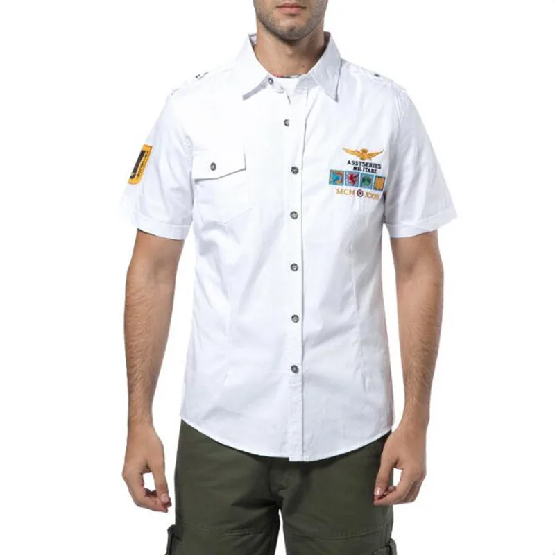Высокое качество Лето 2019 г. рубашки-милитари для мужчин хлопок короткий рукав повседневное Slim Fit Air Force One рубашка плюс размеры 4XL
