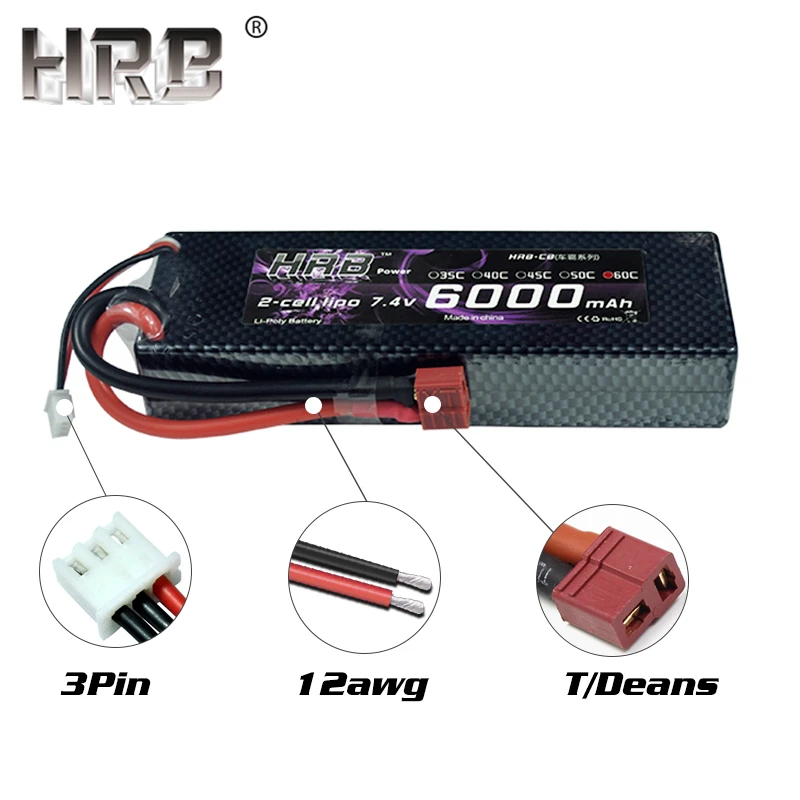 Аккумулятор hrb Lipo 2S 7,4 V 6000mAh 60C XT60 T Deans TRX EC5 XT90 RC части жесткий чехол для Traxxas самолеты автомобили лодки 4x4 1/8 1/10