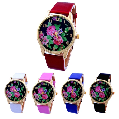 

Popular Long life span Casual Wrist Watch with Rose Flower Dial Faux Leather Strap Quartz Analog for women NO181 5UWH