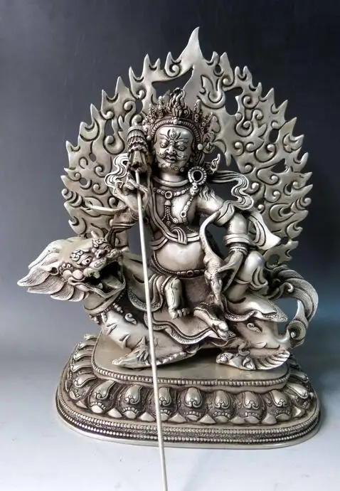 

free 13" China silver Foo Dogs Lion Buddhism great white umbrella buddha Statue fast