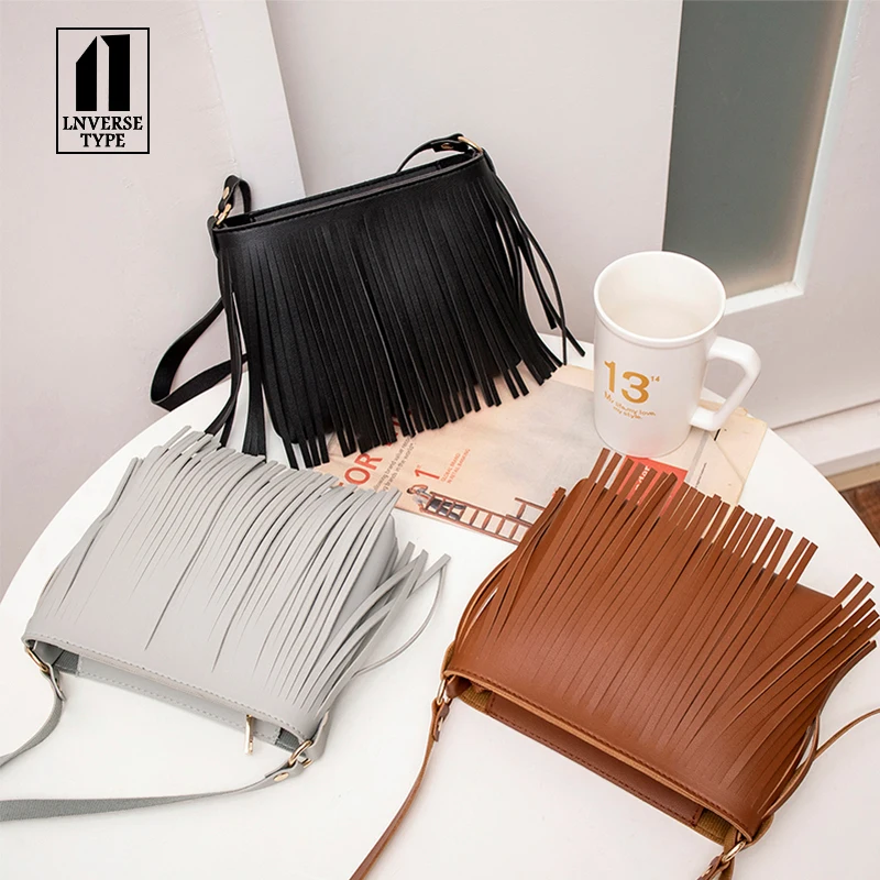 النساء Tassle هامش فو الجلد المدبوغ الكتف رسول Crossbody حقيبة يد محفظة أسود براون الأبيض مهدب السيدات حقيبة يد حار بيع