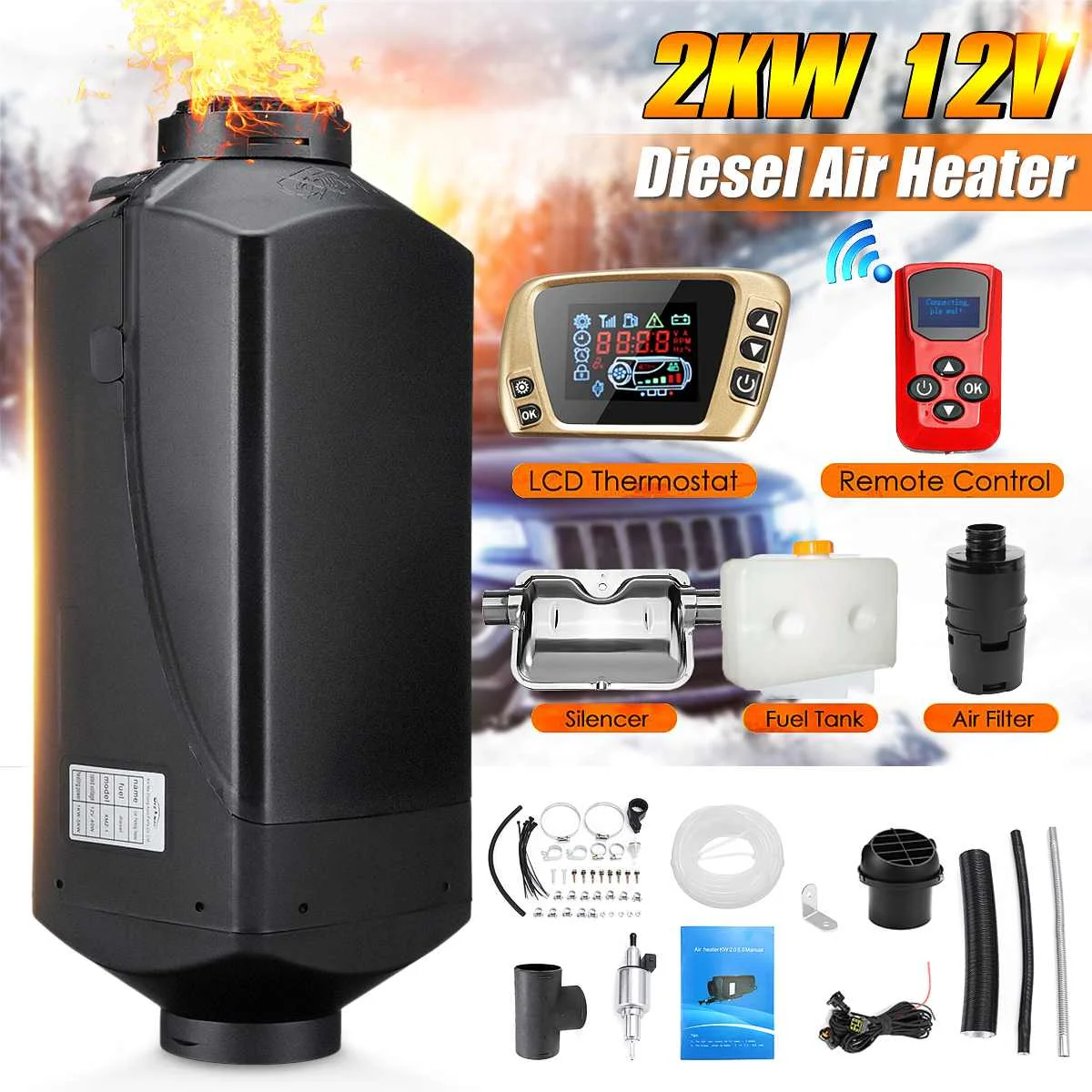 

12V 2kw Diesels Air Parking Heater Air Heating LCD Switch with Silencer and Remote Control For Trucks Boats Car Trailer Heater