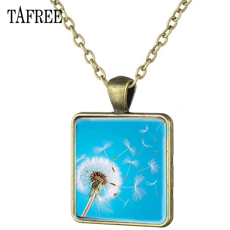 

TAFREE Dandelion Square Pendant Necklace Fashion Flower Plant Pendants Antique Bronze Plated Necklaces New Jewelry DA06