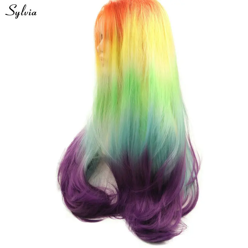 Sylvia, разноцветный парик, оранжевый, желтый, зеленый, синий, фиолетовый, Радужный, длинный синтетический парик на кружеве, женские вечерние, косплей, 5 тонов, волнистые волосы