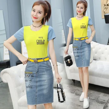 

2018 Summer slim girl street wear short-sleeved t shirt denim bodycon skirt new fashion two-piece clothing set women S-XL size