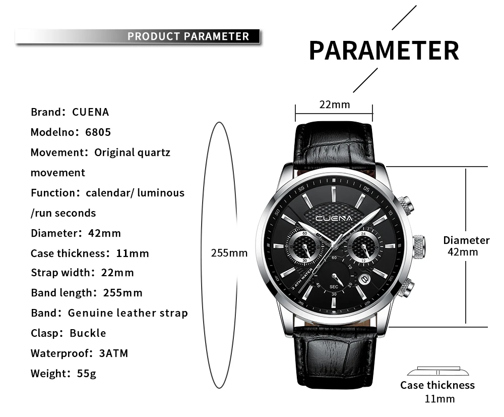 CUENA, Роскошные мужские часы, кожаный ремешок, секундомер, светящиеся стрелки, календарь, 30 м, водонепроницаемые мужские наручные часы, кварцевые мужские часы, коричневые