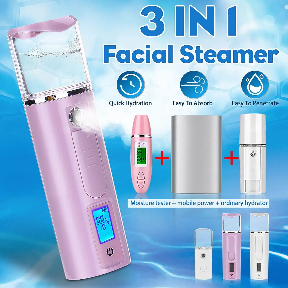 

Portable 3 IN 1 Mini Facial Steamer Tester Charger Nano-Mist Sprayer Nebulizer Skin Moisture USB Rechargeable 20ML Water Tank