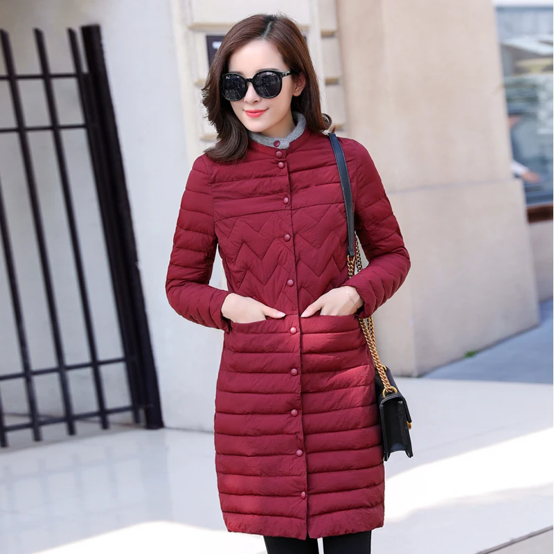 

New Winter Coat Women Long Parkas Burgundy Black Army Green Knitted Collar Single-Breasted Light Coat Plus Size M-4XL C79704