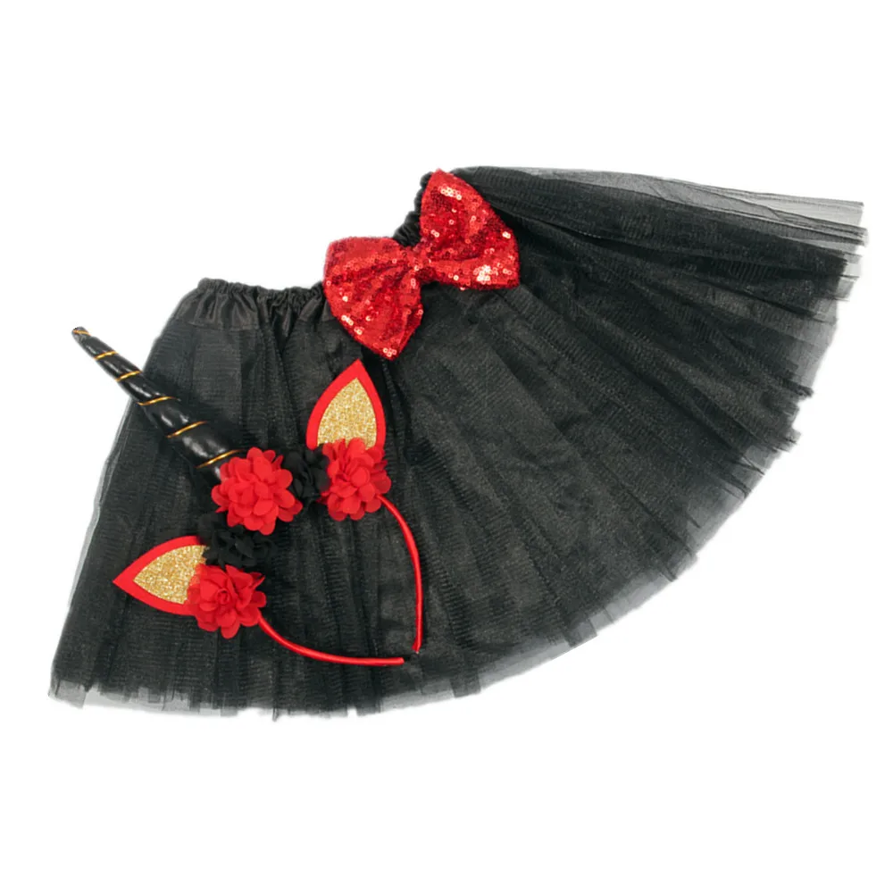 Пышная фатиновая юбка для малышей Пастельная юбка-пачка для девочек балетная юбка-американка с цветочной лентой и бантом в виде единорога, детская юбка-пачка с бантом - Цвет: black
