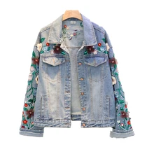 Цветочная вышитая джинсовая куртка женская кружевная расшитая блестками Базовая куртка для женщин Горячая Распродажа прямые продажи пальто с рукавами