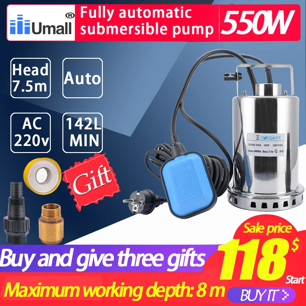 550W ac Stainless Steel Electric Submersible Pump 220v Aquarium Pond Irrigation Fish Tank