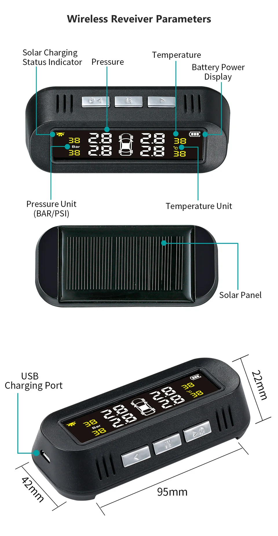 AOSHIKE TPMS автомобильная система давления в шинах цифровой ЖК-дисплей Солнечный или USB автомобильный беспроводной 4 внутренних датчика с голосовой передачей