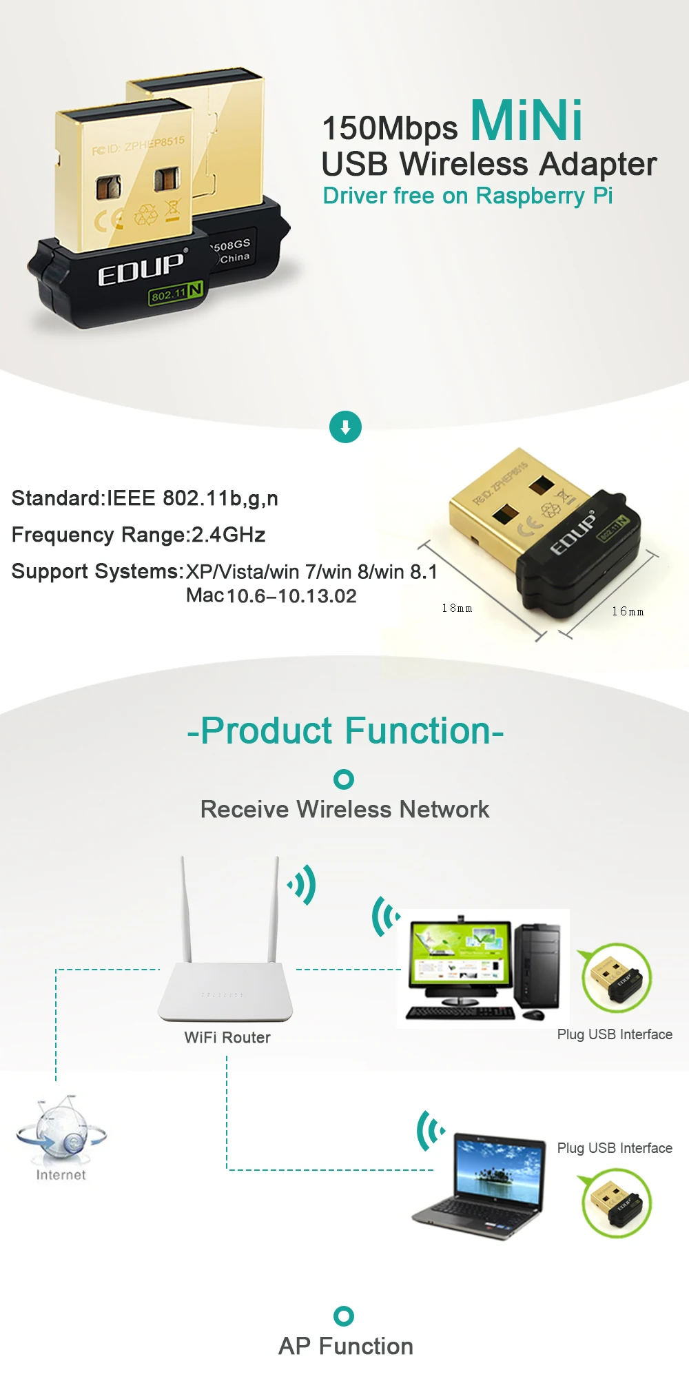 Mini USB 150Mbps 802.11n wifi Adapter wireless Network CARD EDUP EP-N8508GS RTL8188CUS Chipset For Raspberry with bag package