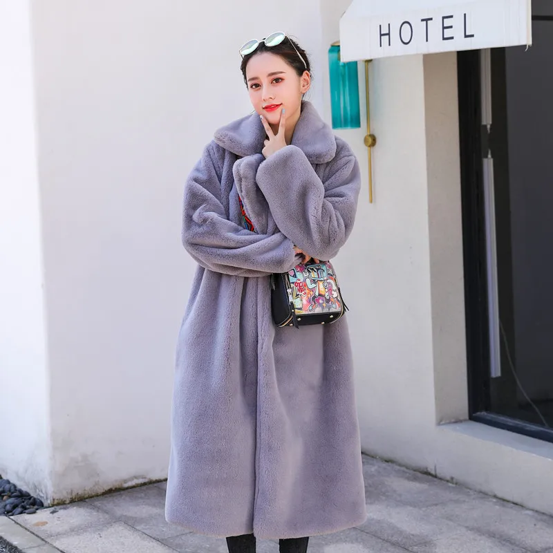 Корейский стиль, Женское пальто из искусственного кроличьего меха, новинка, длинное Норковое меховое пальто, Свободное пальто, утолщенное теплое меховое пальто большого размера, Женское зимнее пальто - Цвет: Light Grey
