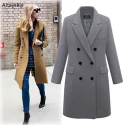 Шерстяное женское двубортное пальто с отложным воротником и карманами, с широкой талией, однотонное, простое, подходит ко всему, элегантное