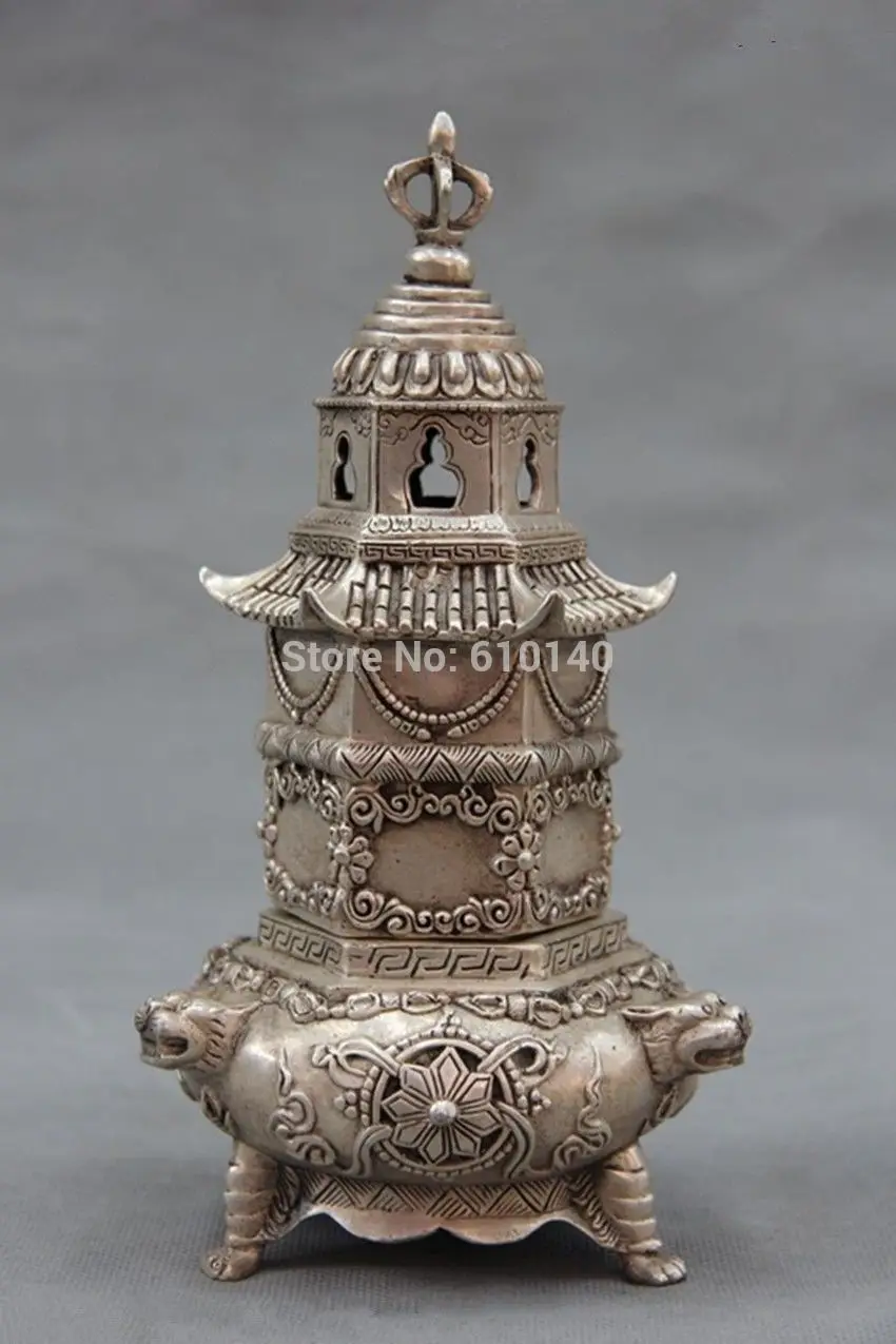 Chinese White Copper Bronze Silver Buddhist Pagoda tower Censer incense