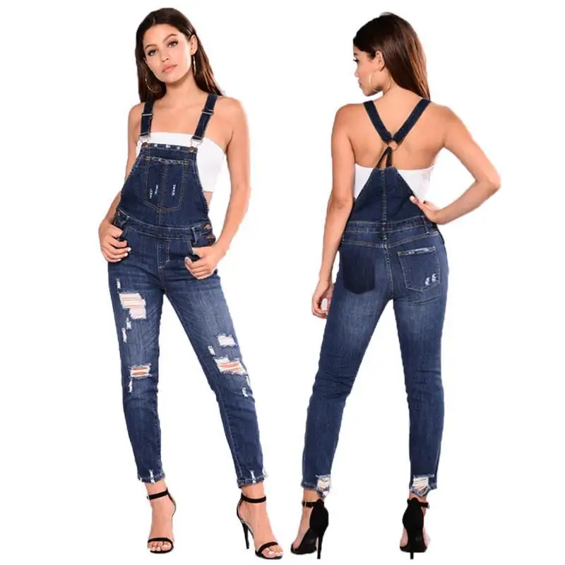 Summer Women Ripped Denim Jumpsuits Casual Sexy Stretch Romper Ladies