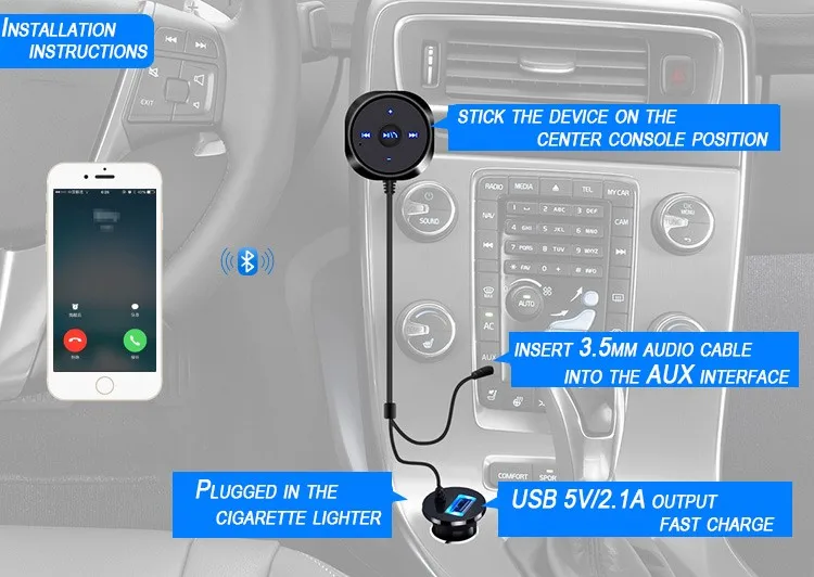Start Siri комплект беспроводной связи bluetooth для автомобиля Handsfree 3,5 мм AUX аудио музыкальный приемник плеер Hands free динамик 2.1A USB Автомобильное зарядное устройство rc