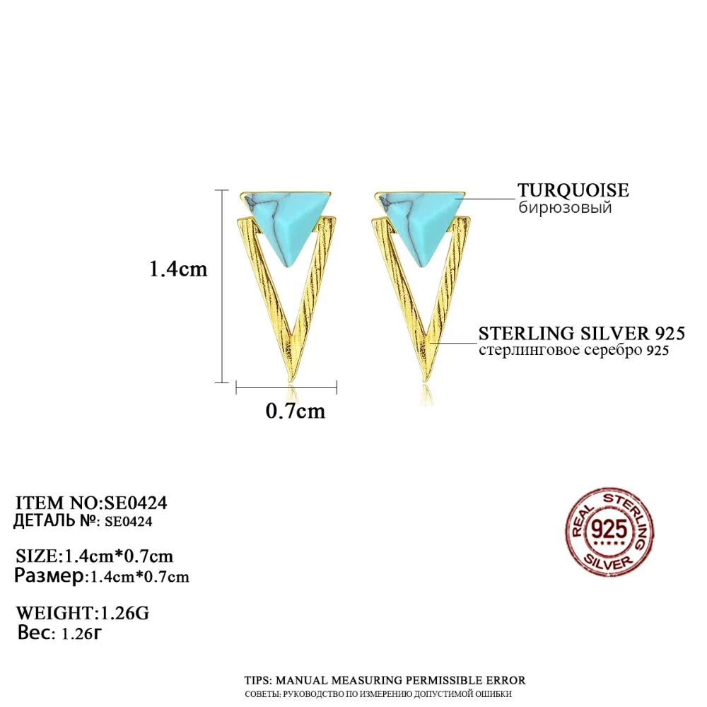 CZCITY, новинка, 925 пробы, серебряные серьги-гвоздики с двойным треугольником, бирюзовые серьги для женщин, серьги с драгоценным камнем, хорошее ювелирное изделие