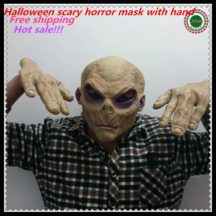 

Scary Latex Face Mask Alien UFO Extra Terrestrial Party ET Horror Rubber Latex Full Mask Halloween Party Ghost Mask with Gloves