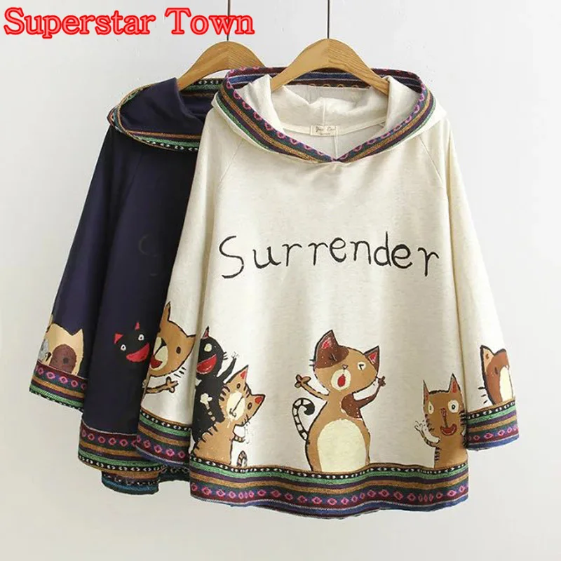 

Cat Hoody Hoodies Women Sweatshirt Harajuku Sweet Lolita Coat Casual Japan Kawaii Cloak Clothing Batwing Sleeve Hooded Coat