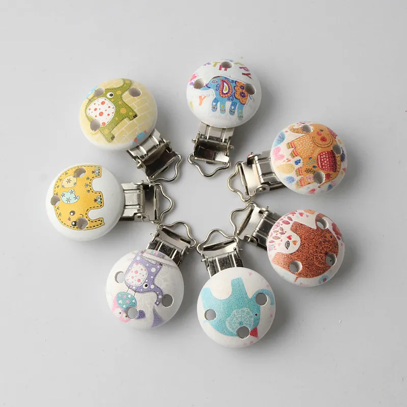 

5Pcs/Lot Elephant Safety Pacifier Clips Metal Wooden Clips Fit Infant Teething Soother Clasps Holders Baby Product Accessories