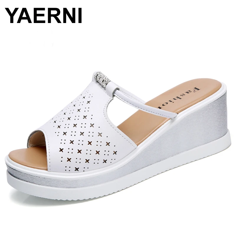 

YAERNI 2018 women flip flops platform sandals Shoes ladies white high Heel Peep Toe sandals Shoes women Hollow Out shoes 922-1
