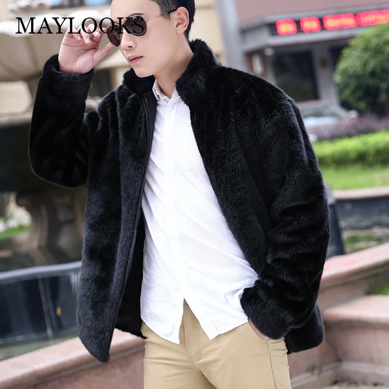 Men's Faux Fur Long Coat Brown/black Warm And Comfortable Winter New Brand Maylooks Hn128