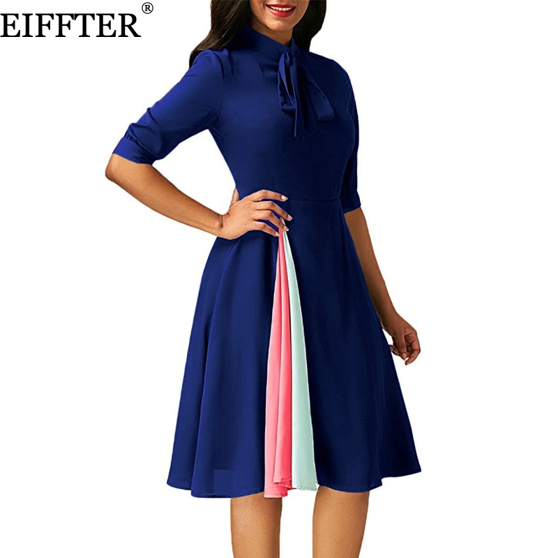 

EIFFTER Women Sexy Patchwork Dress 2018 Summer New Ladies Half Sleeve Lace Up High Waist Knee Length Dresses Vestidos 0663
