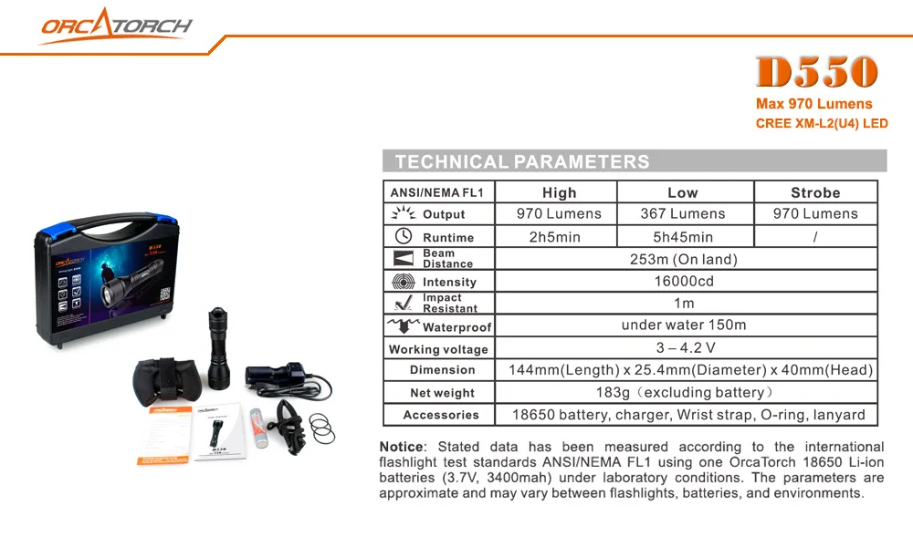 ORCATORCH D550 970 LM Diving Flashlight Underwater Scuba Diving Light 16