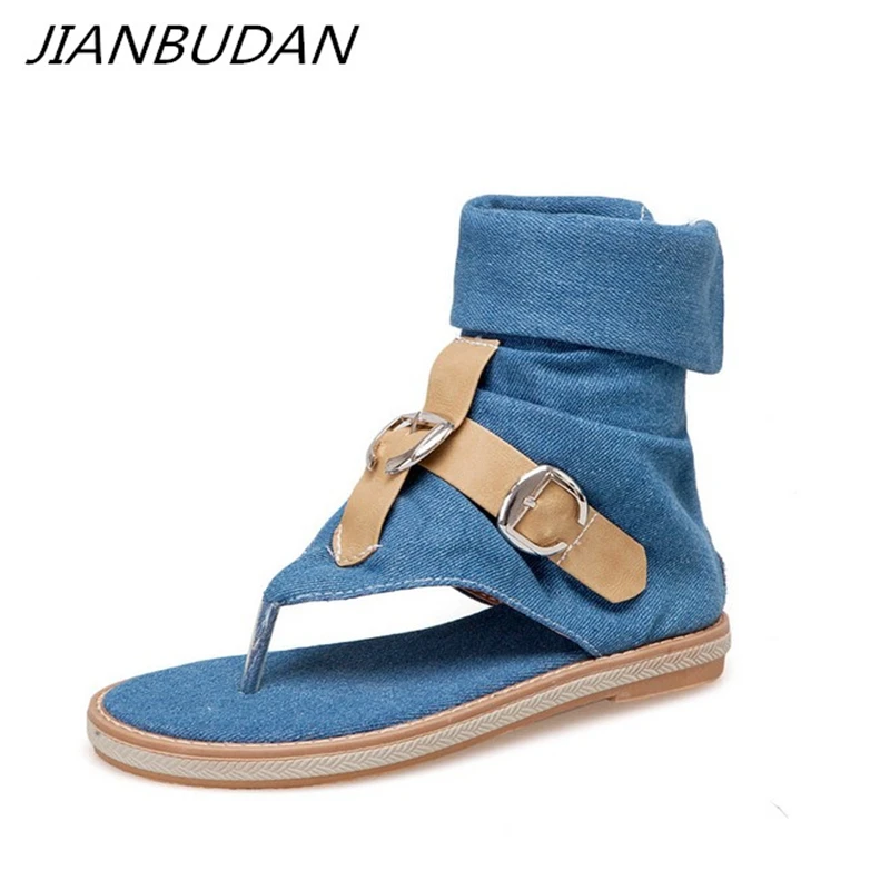 

JIANBUDAN 2019 summer fashion women's flat sandals Denim sexy gladiator sandals Open Toe Leisure high top sandals 34-43 size