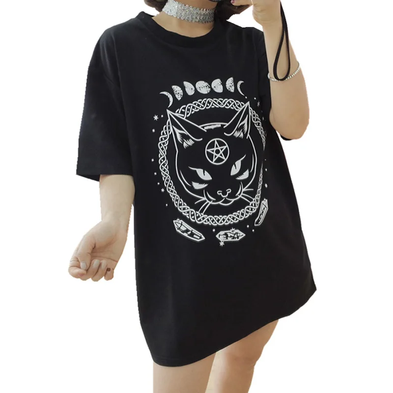

Cut Cat Printed Female Harajuku T-Shirt Short Sleeve Women Tops 2019 Girl Loose Summer T Shirt Regular Solid Shirts