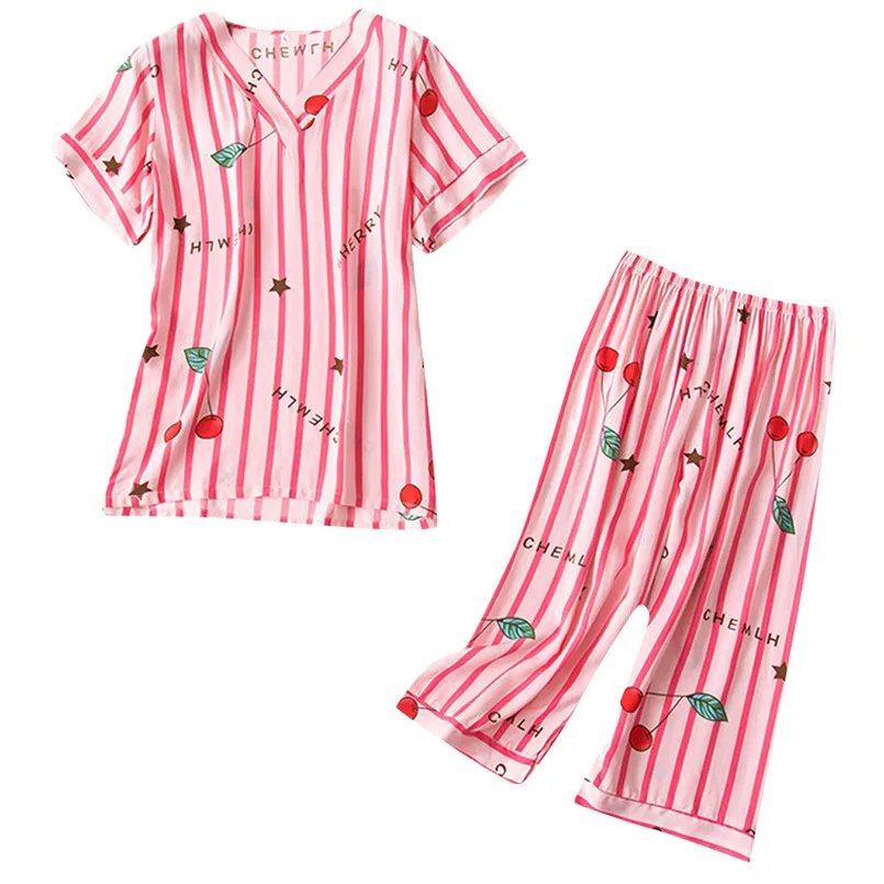 Для женщин с модным принтом пижамы с принтом пижамы комплект из 2 предметов ночное летний комплект шифоновое платье комплект 40al30 - Цвет: Розовый