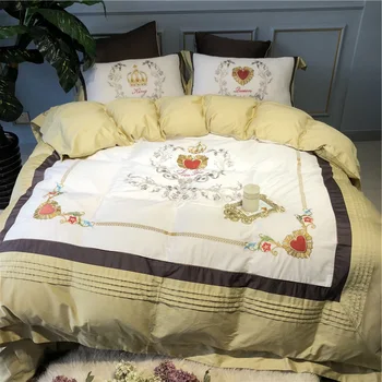 

Light Yellow White High-end luxury Love Embroidery 80S Egyptian Cotton Bedding Set Duvet Cover Bed sheet Pillowcases 4/6pcs