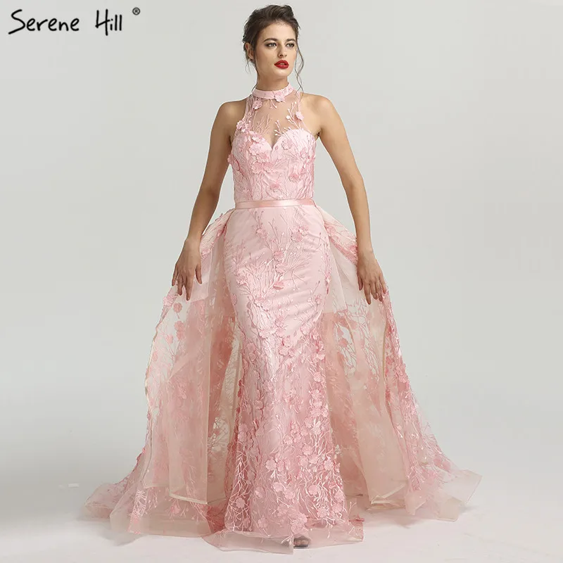 

Muslim Long Pink Appliques Lace Mermaid Formal Evening Gown Dress Prom Party vestido de festa BLA6109