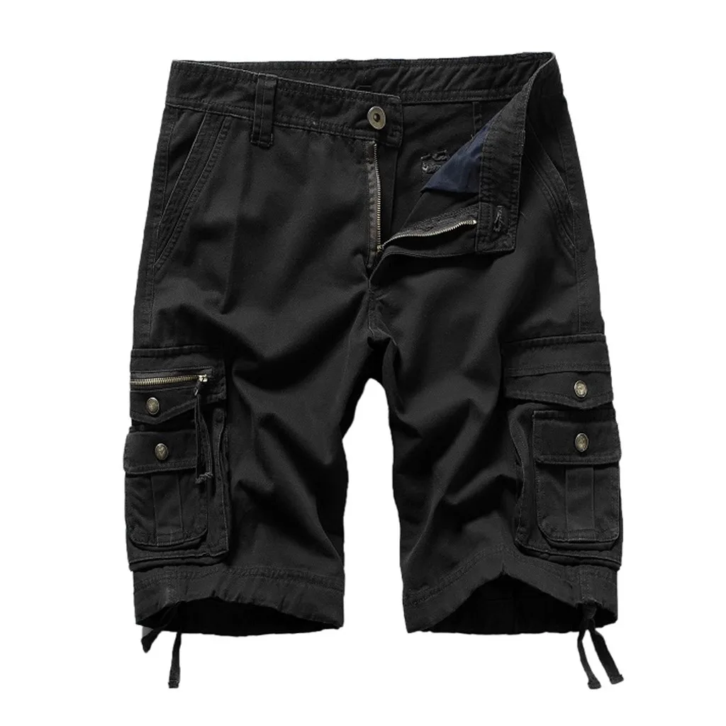 Fashsiualy бермуды masculina мужские повседневные однотонные пляжные рабочие штаны с карманами Брюки карго шорты мужские - Цвет: Черный