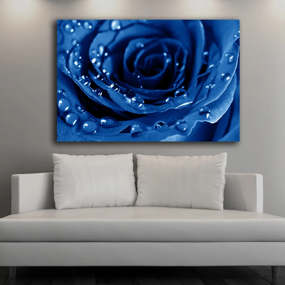 Большой Размеры Wall Art с рисунком в виде нежных роз синих тонах и капель эфирного