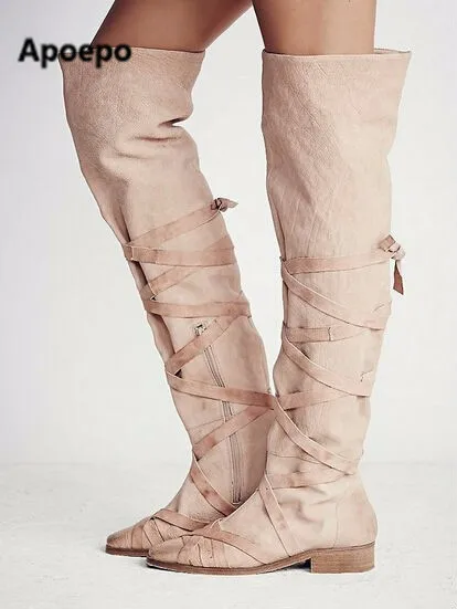 

Apoepo brand 2017 women boots fashion cross-tied flat boots women size 34 to 42 celebrities party shoes thigh high boots