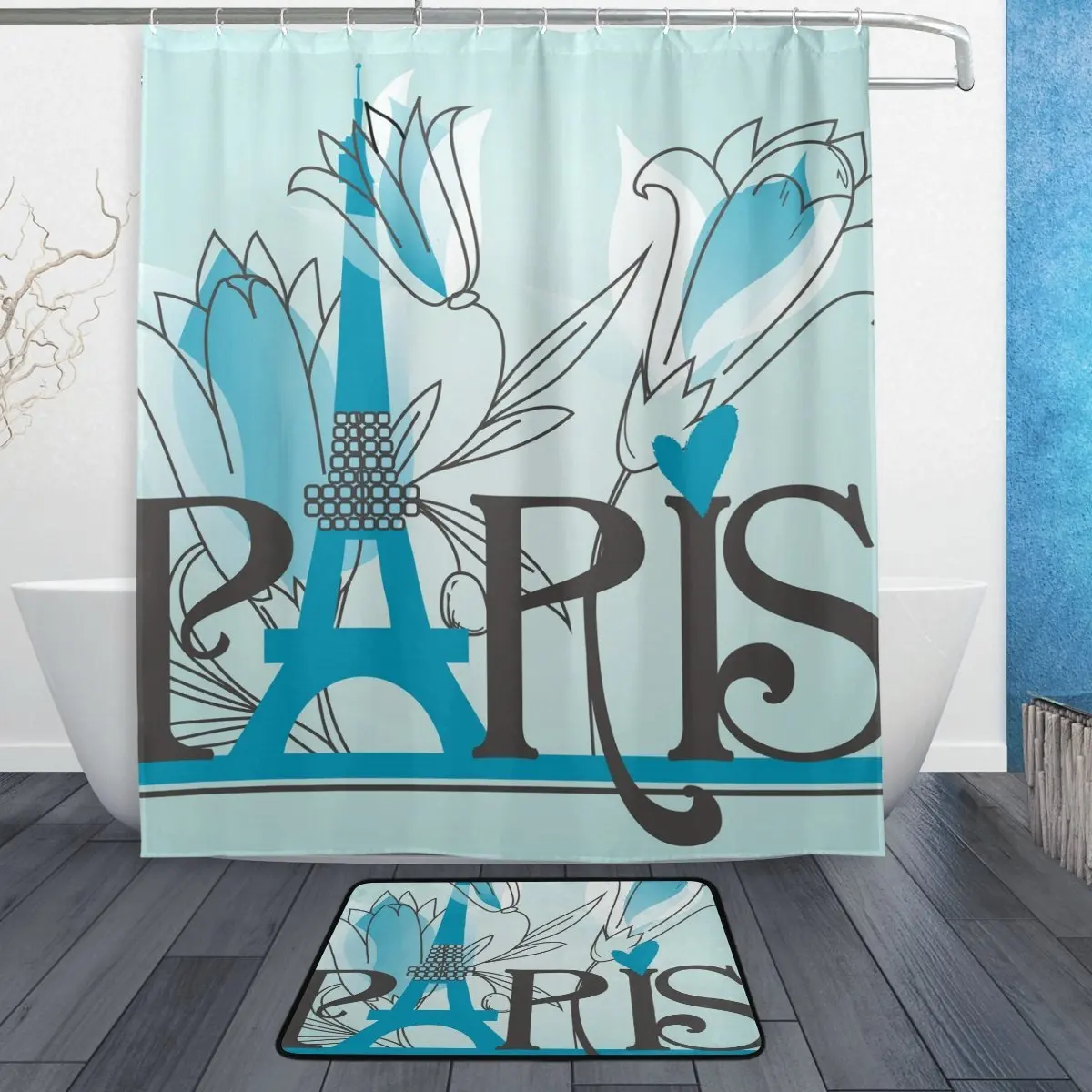 Romantic Paris Shower Curtain and Mat Set, Flower Eiffel Tower
