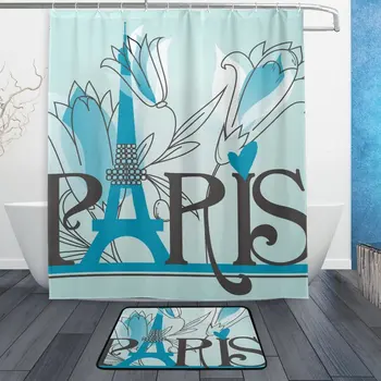 

Romantic Paris Shower Curtain and Mat Set, Flower Eiffel Tower Waterproof Polyester Bathroom Curtain