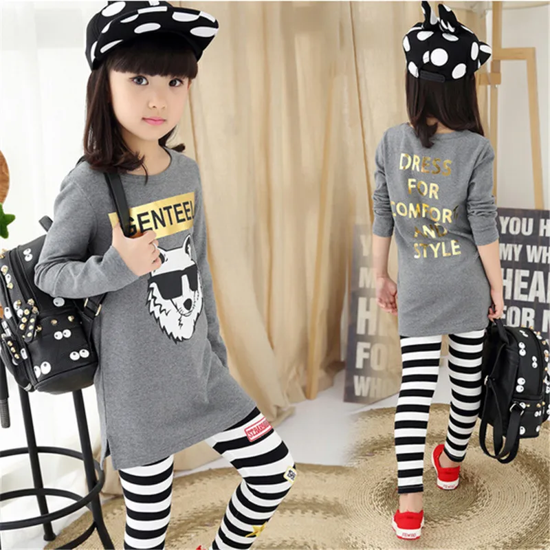 

Sportswear for Girls 4-14 Year Kid's Sport Suit Letter Long Sleeve T-shirt for Girls + Striped Pant Autumn Winter Girls' Clothes