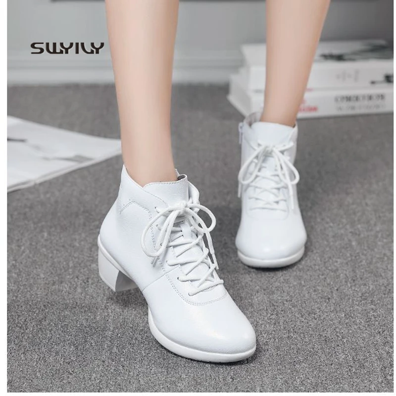 

SWYIVY Women Dance Shoes Genuine Leather Soft Heel 2018 New Autumn Winter Women Modern Dance Shoes Warm Plus Velvet Short Boots