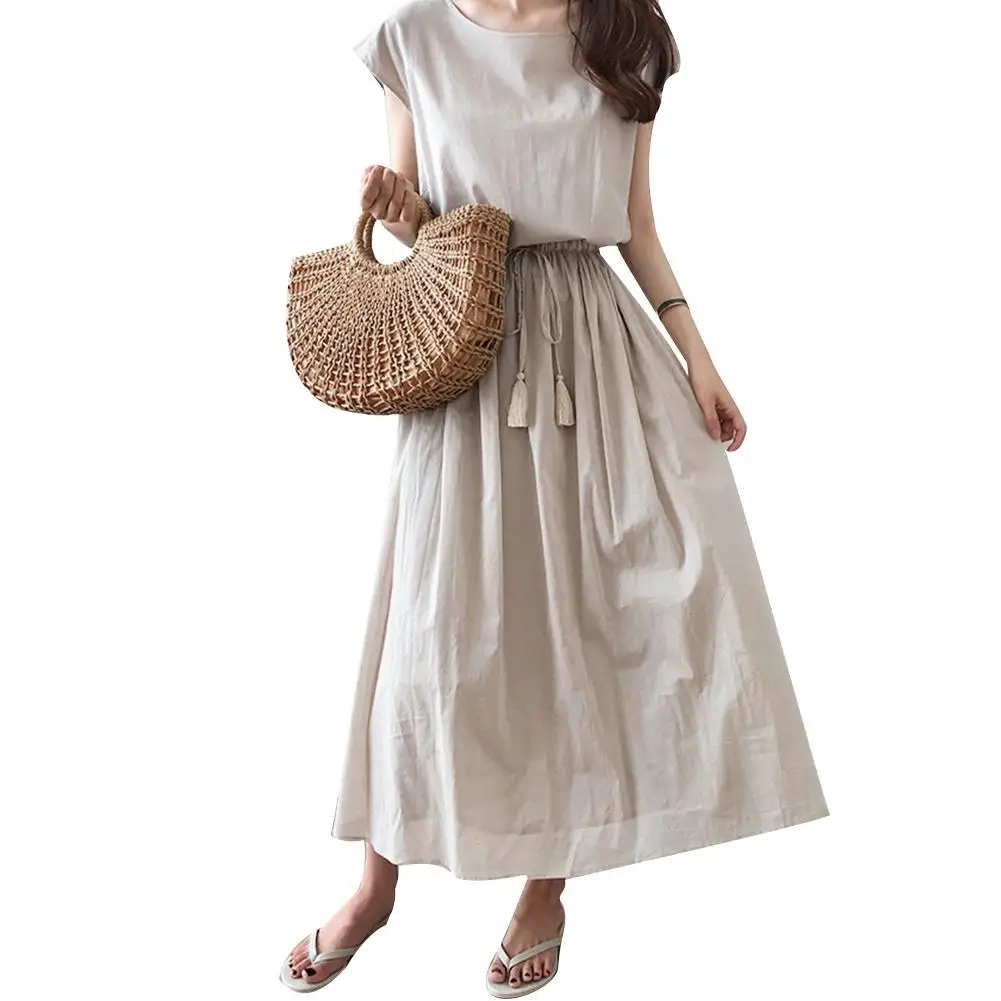 

Dress For Women Boho Summer Beach Women Solid Color Tassel Drawstring Short Sleeve Maxi Dress